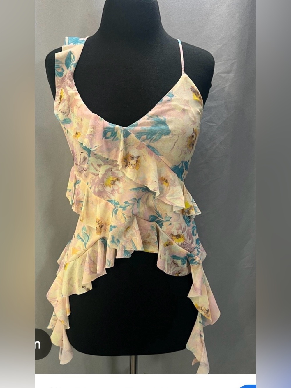 Zara Tulle Ruffle Blouse Top Womens Med Multicolor Floral Handkerchief Hem